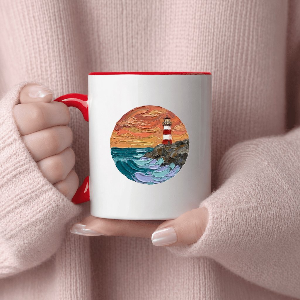 Modern Lighthouse Sunset Glow Impasto Art Accent Mug – Nautical Home Decor - detail view