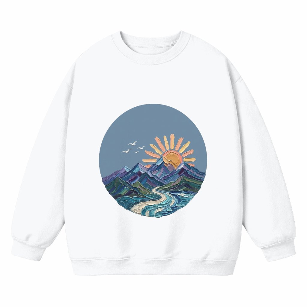 Mountain River Sunrise Impasto Art Sweatshirt – Textured Nature Lover Gift - front view