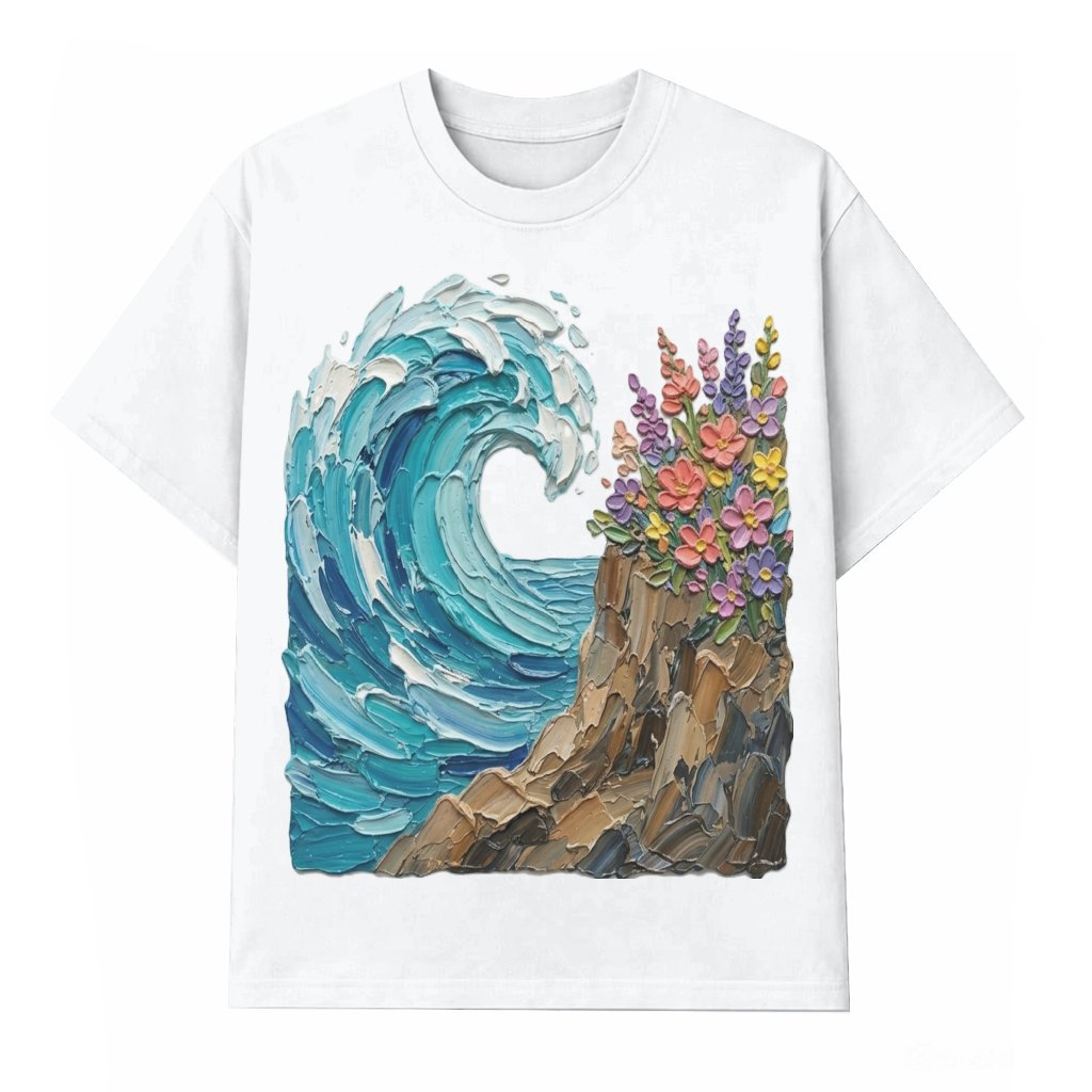 Ocean Wave & Wildflowers Impasto Art Shirt – Palette Knife Coastal Tee - front view