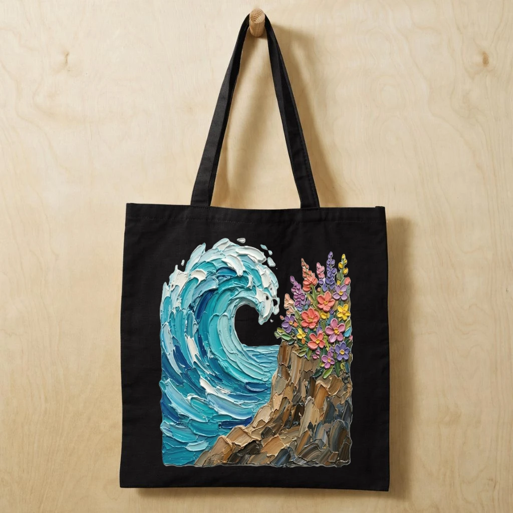 Ocean Wave & Wildflowers Impasto Art Cotton Tote – Canvas Floral Sea Bag - front view