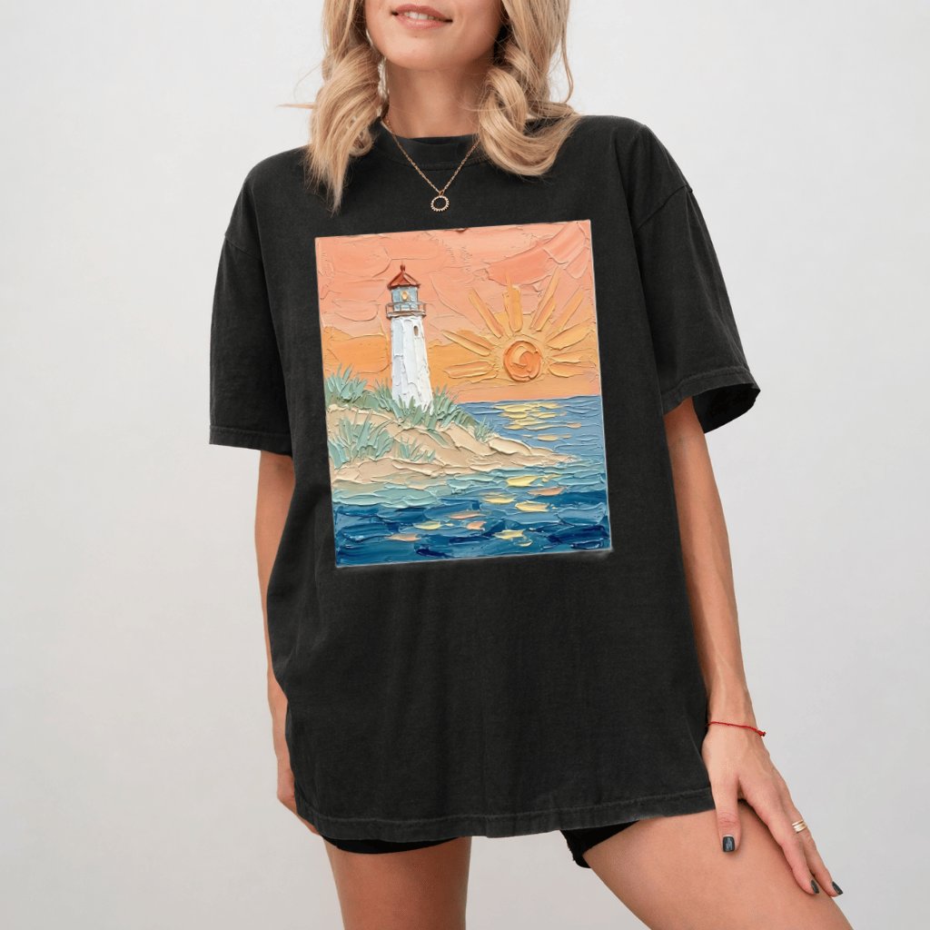 Lighthouse Sunset Comfort Colors – Premium 3D Visual Graphic Coastal Tee - back view