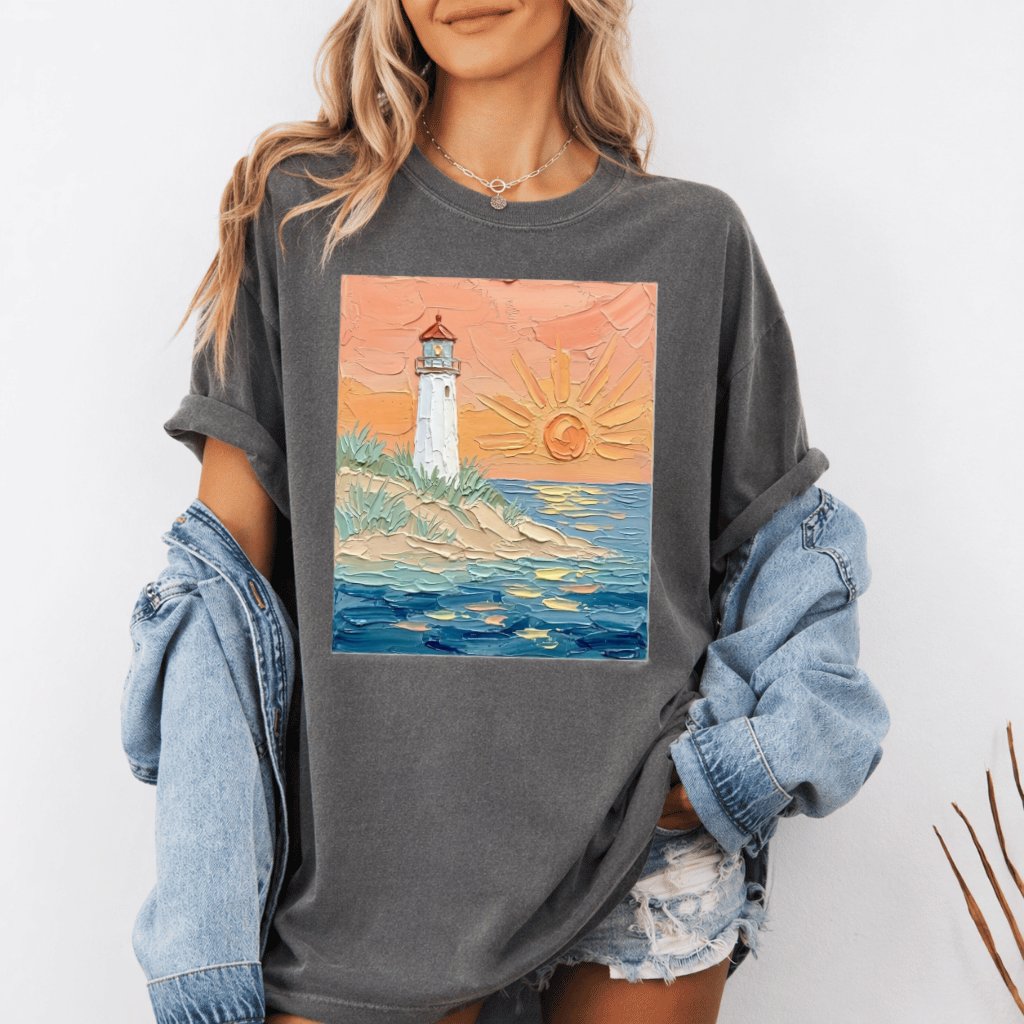 Lighthouse Sunset Comfort Colors – Premium 3D Visual Graphic Coastal Tee - detail view
