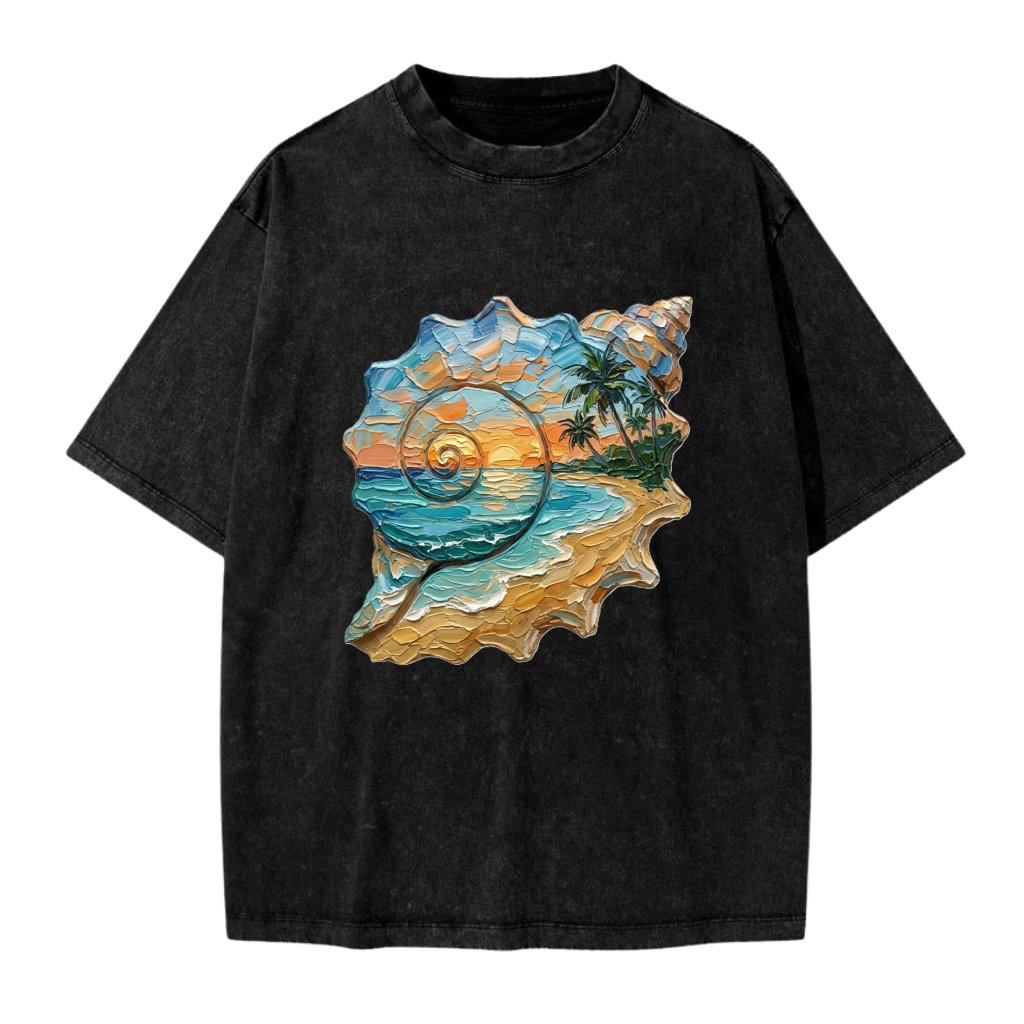 Coastal Sea Shell Wash Tee – Vintage Print Visual Textured Aesthetic - front view
