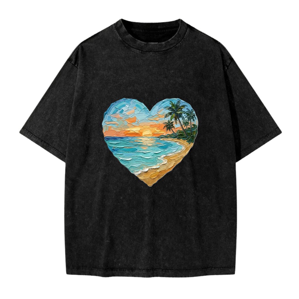 Beach Heart Sunset Wash Tee – Vintage Print 3D Visual Textured Art - front view