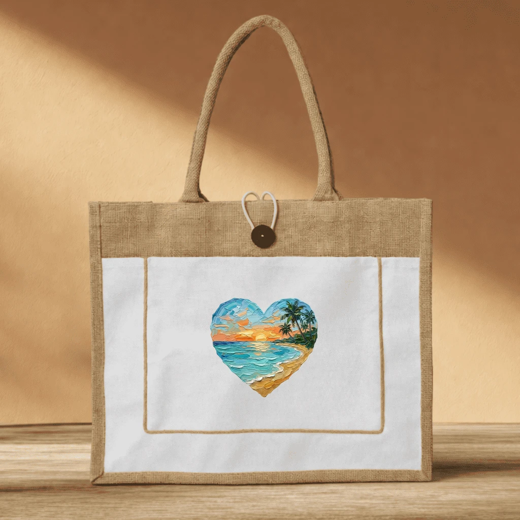 Beach Heart Jute Tote – Eco Graphic Print 3D Effect Nautical Bag - front view