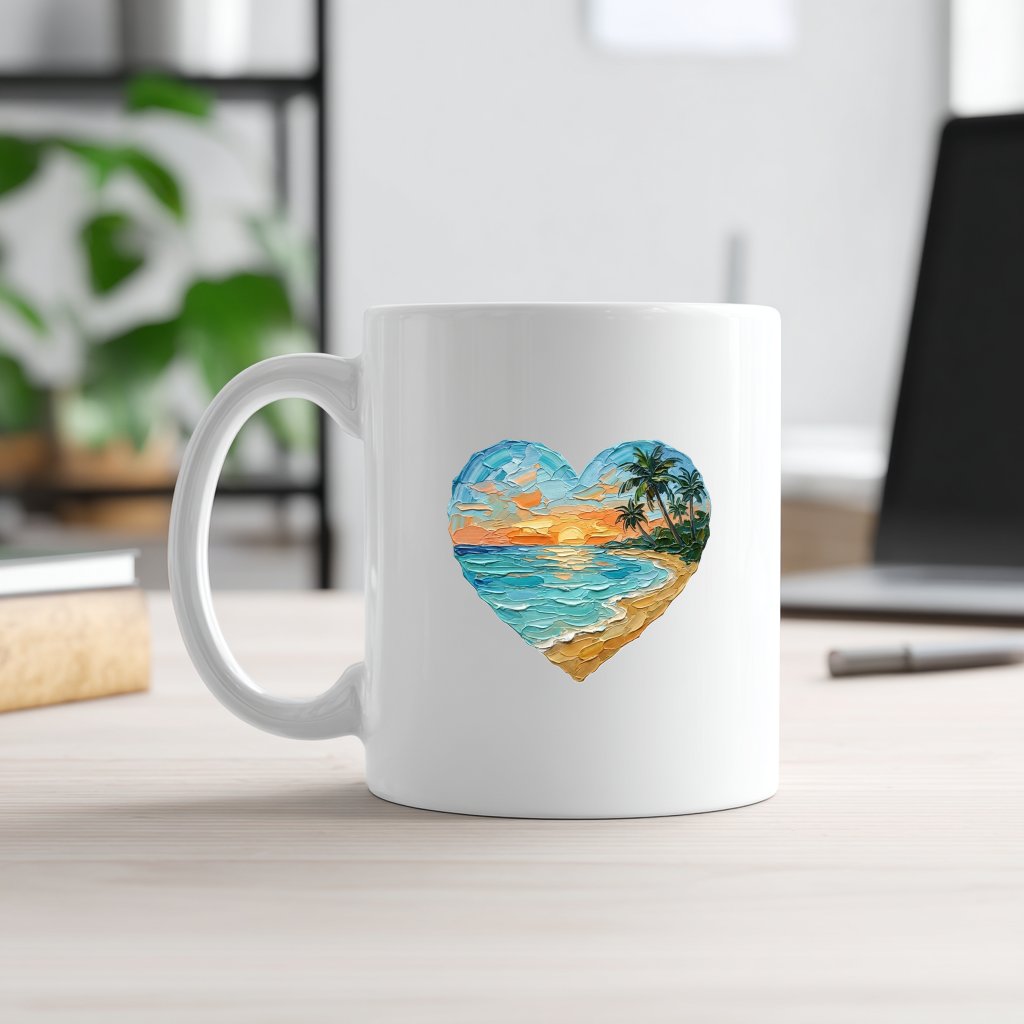 Sunset Heart White Mug – 3D Visual Effect Printed Coastal Coffee Cup - front view