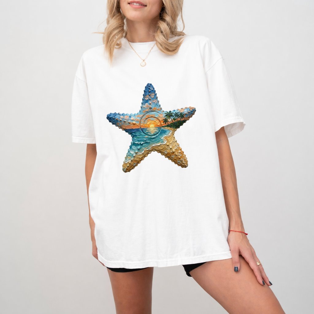 Comfort Colors Starfish Sunset Shirt, Premium Cotton Tropical Beach Tee - detail view