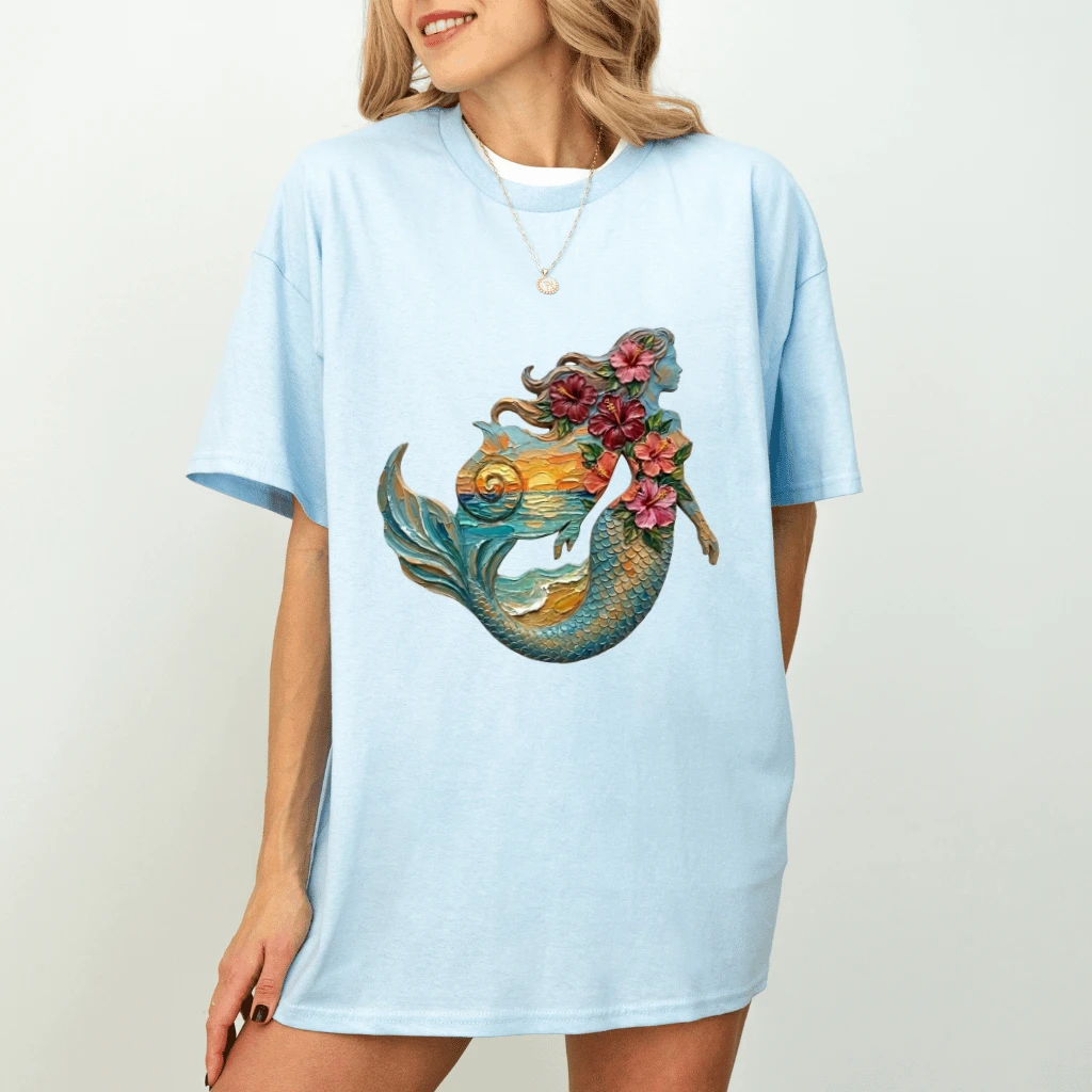 Mermaid Hibiscus Sunset Oil Painting T-Shirt, Tropical Beach Art Graphic Tee - back view