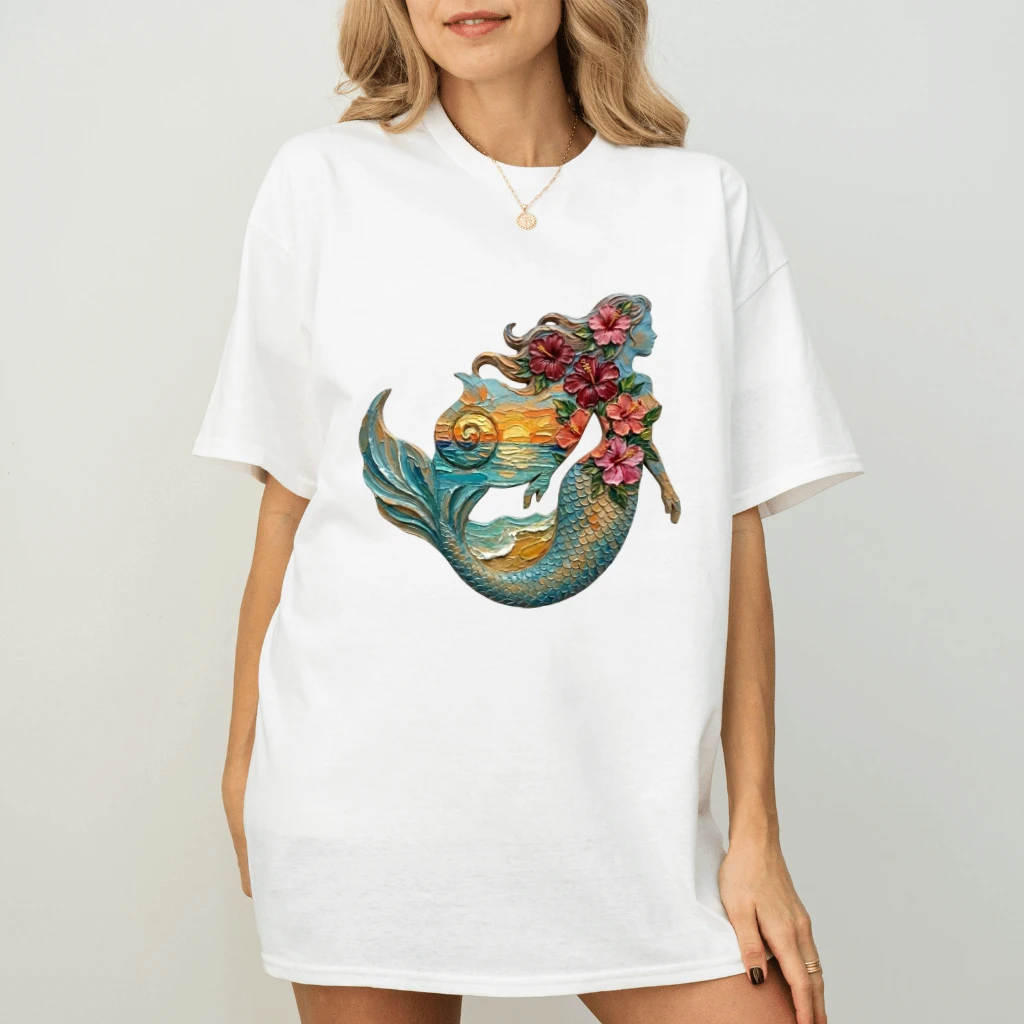 Mermaid Hibiscus Sunset Oil Painting T-Shirt, Tropical Beach Art Graphic Tee - detail view