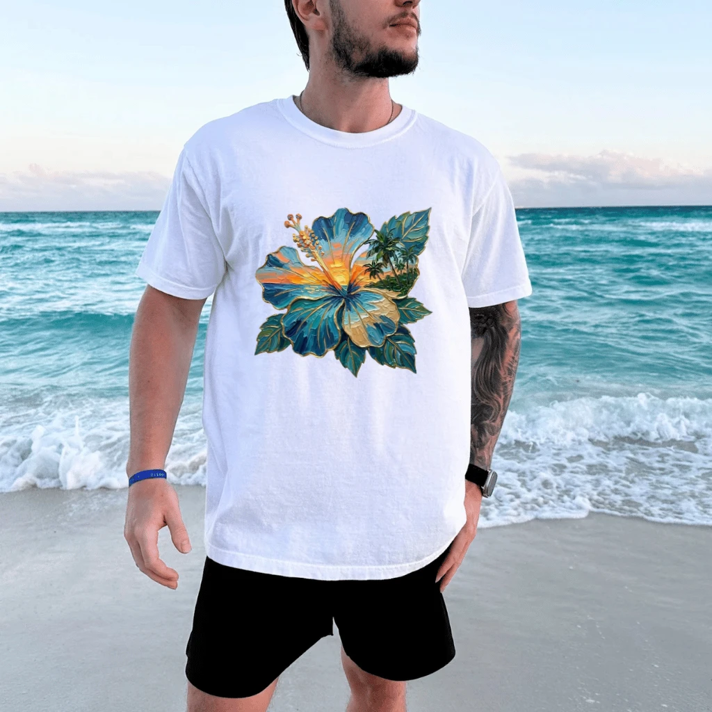 Blue Hibiscus Beach Sunset Oil Painting T-Shirt, Tropical Ocean Art Graphic Tee - back view