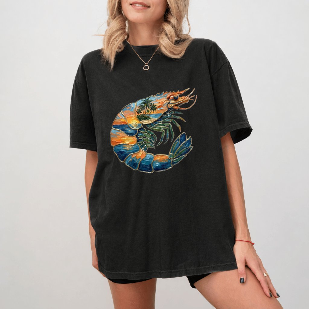Comfort Colors Shrimp Sunset Shirt, Premium Cotton Tropical Seafood Nature Tee - back view