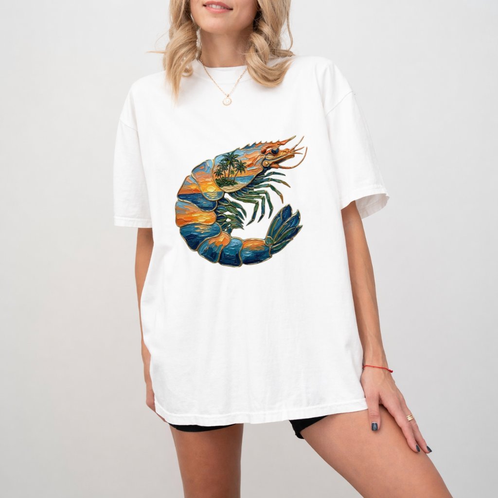 Comfort Colors Shrimp Sunset Shirt, Premium Cotton Tropical Seafood Nature Tee - detail view