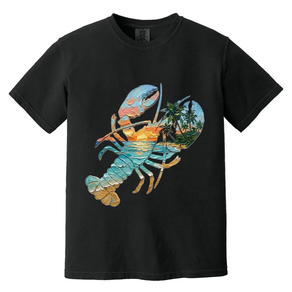 Comfort Colors Lobster Sunset Shirt, Premium Cotton Tropical Seafood Nature Tee - front view