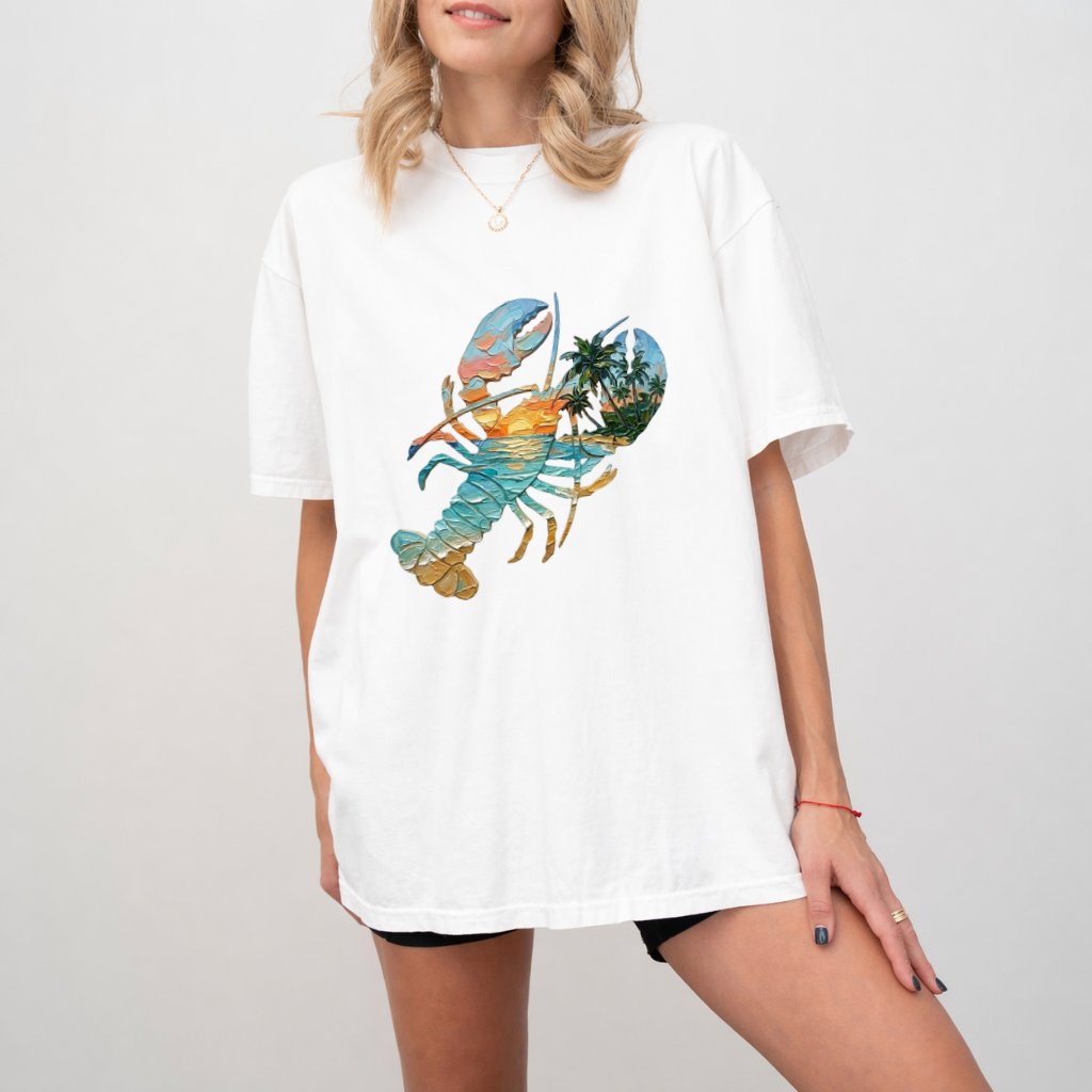 Comfort Colors Lobster Sunset Shirt, Premium Cotton Tropical Seafood Nature Tee - detail view