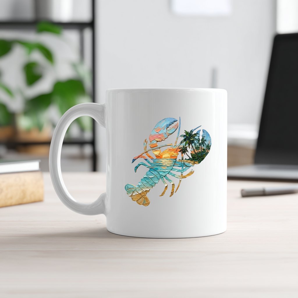 Lobster Beach Sunset Ceramic White Mug, Nautical Coffee Cup Sea Life Gift - front view