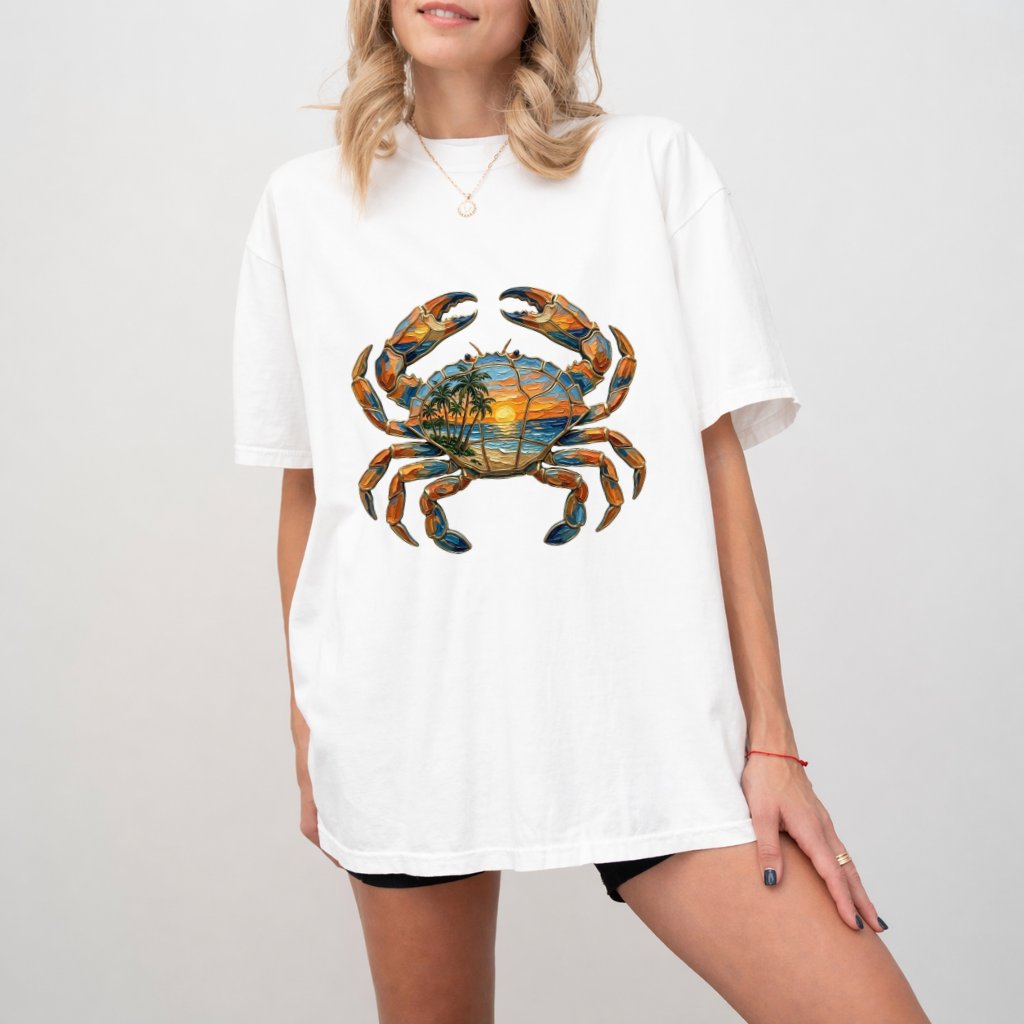 Comfort Colors Crab Sunset Shirt, Premium Cotton Tropical Sea Life Nature Tee - detail view