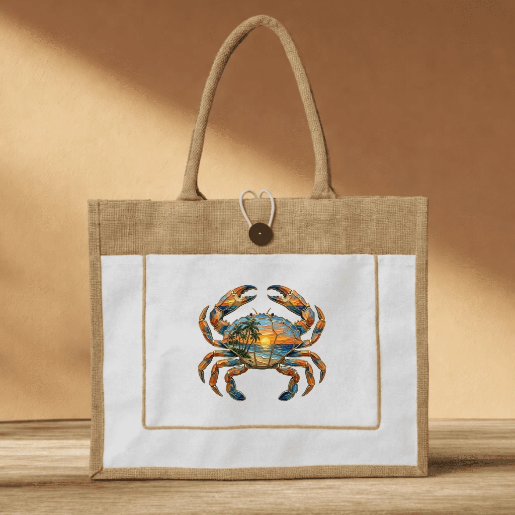 Tropical Crab Sunset Jute Tote Bag, Large Burlap Coastal Vacation Beach Bag - front view