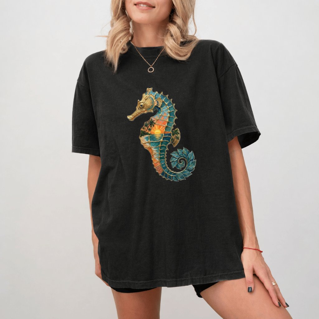 Comfort Colors Seahorse Sunset Shirt, Premium Cotton Tropical Sea Life Nature Tee - back view