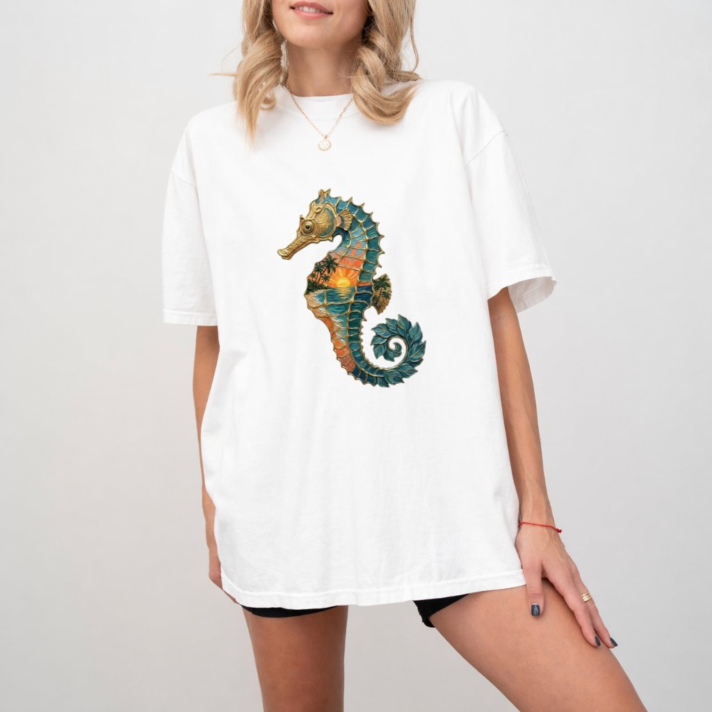Comfort Colors Seahorse Sunset Shirt, Premium Cotton Tropical Sea Life Nature Tee - detail view