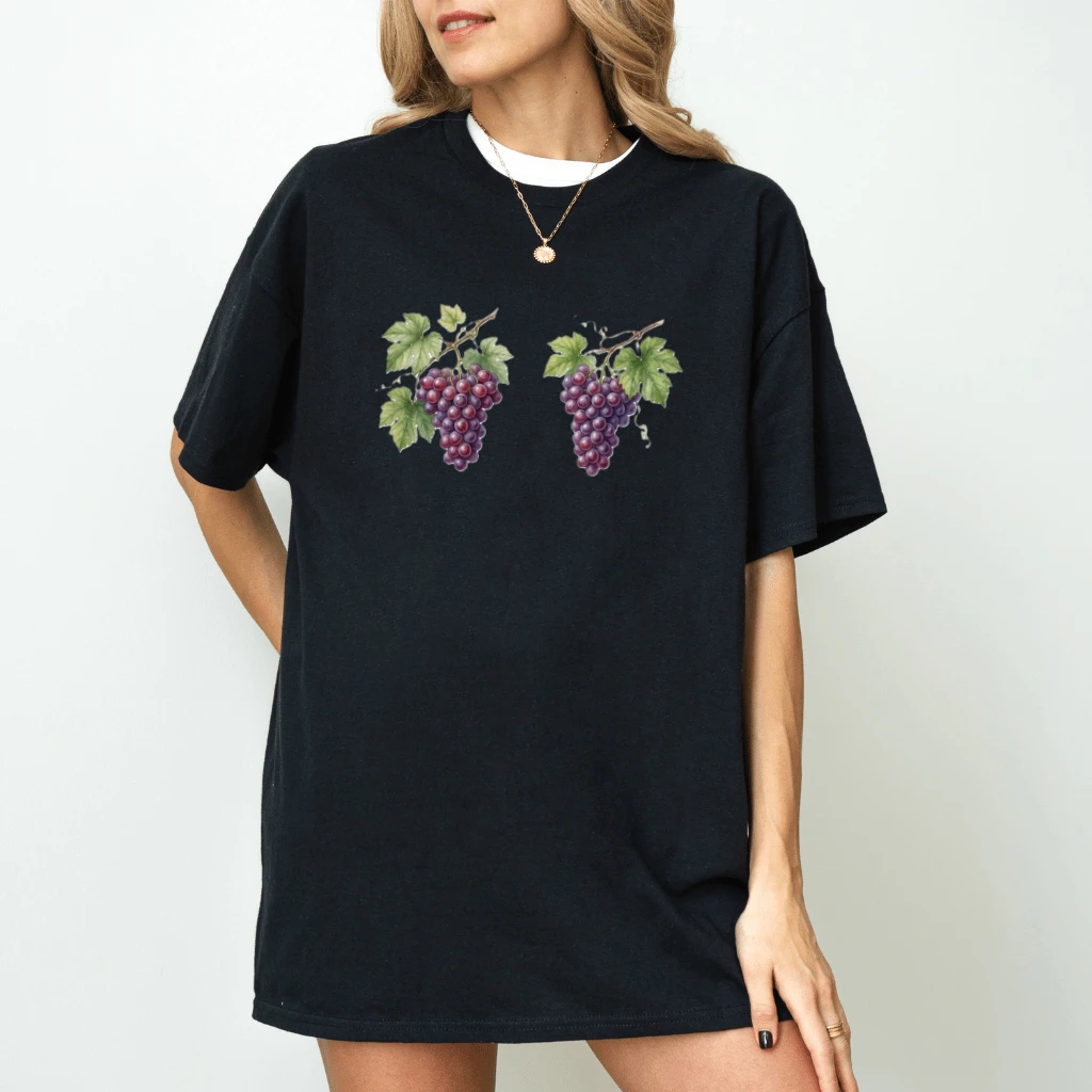 Funny Grapes Bra Graphic T-Shirt - Cute Summer Fruit Graphic Tee - detail view