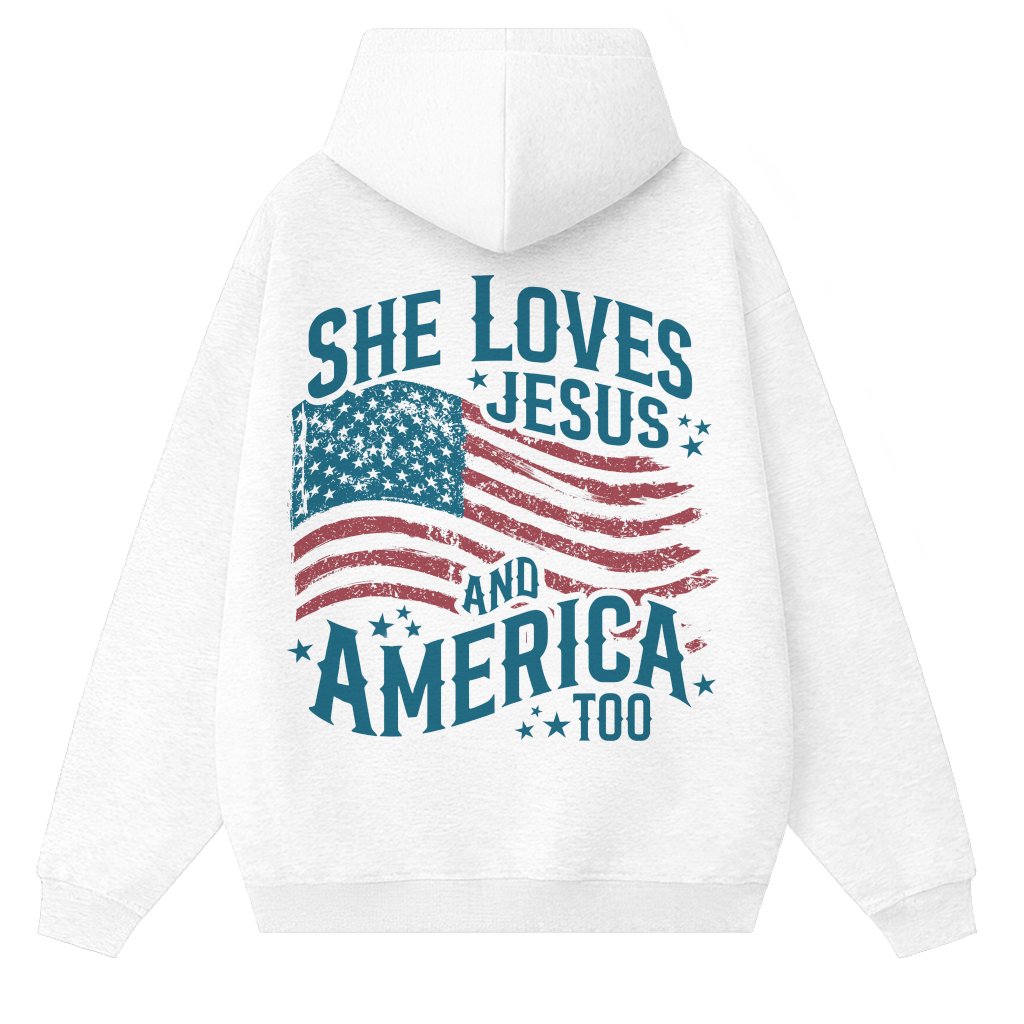 She Loves Jesus and America Too Hoodie - Vintage US Flag Christian Streetwear - front view