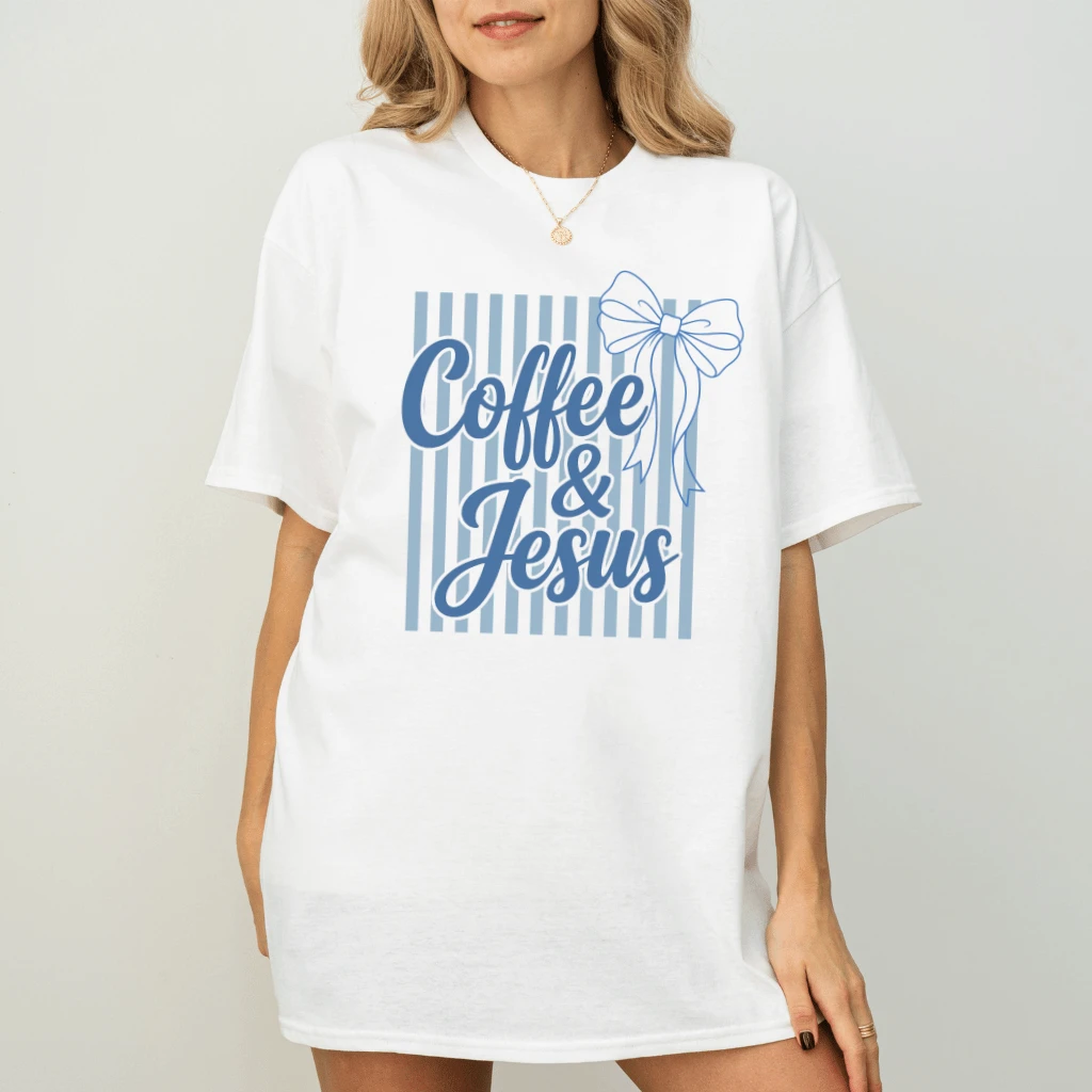 Coffee and Jesus Graphic T-Shirt - Cute Coquette Bow Faith Graphic Tee - back view