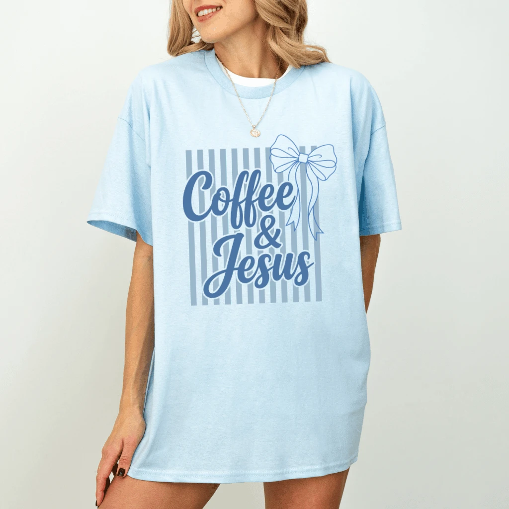 Coffee and Jesus Graphic T-Shirt - Cute Coquette Bow Faith Graphic Tee - detail view