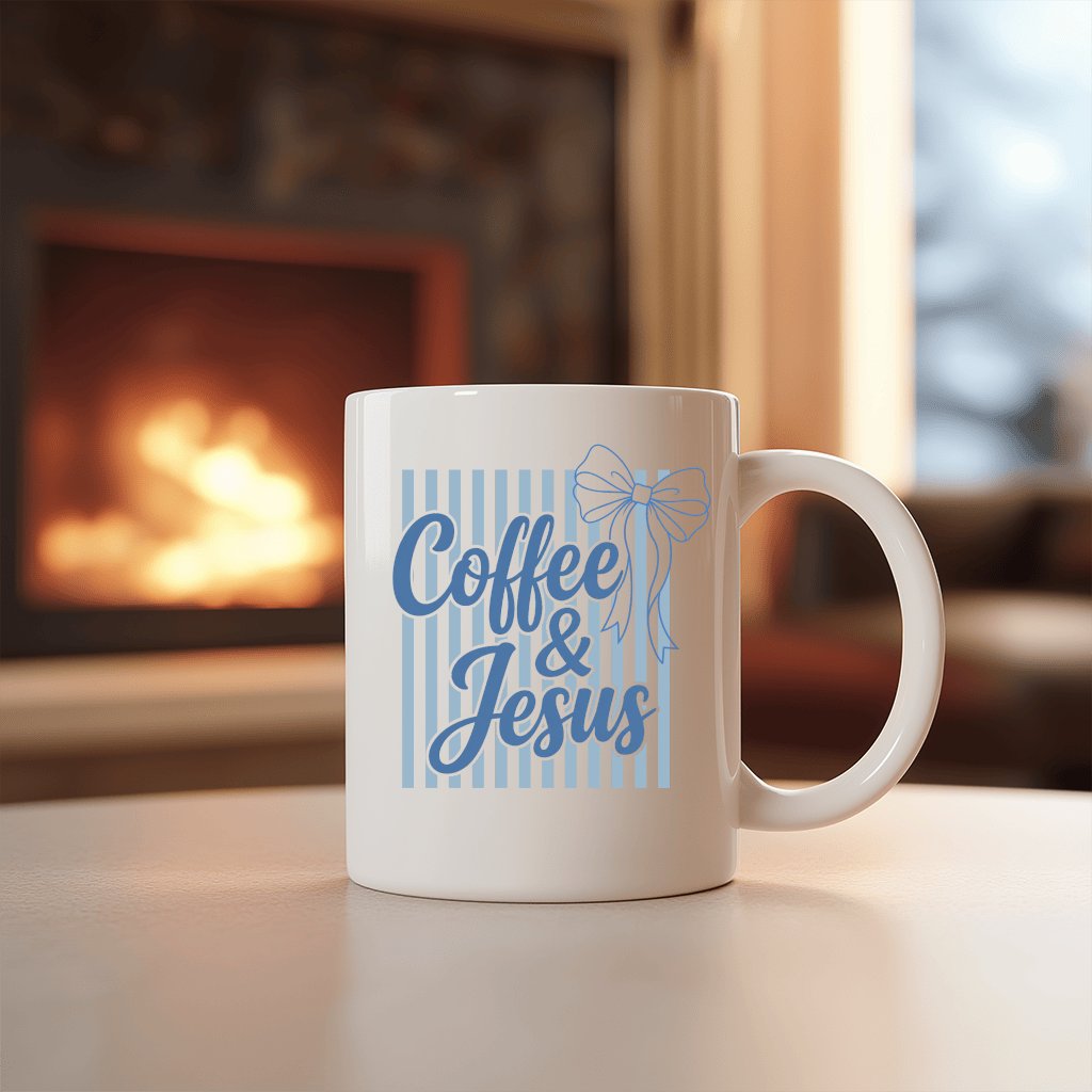 Coffee and Jesus Ceramic Design Mug - 11oz Cute Coquette Bow Christian Coffee Cup - front view