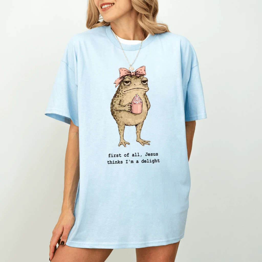 First Of All Jesus Thinks I'm A Delight T-Shirt - Funny Frog Cupcake Graphic Tee - back view