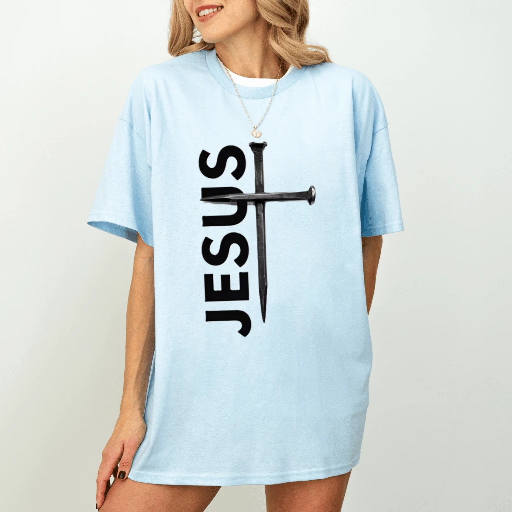 Jesus Nails Cross Graphic T-Shirt - Minimalist Christian Faith Graphic Tee - detail view