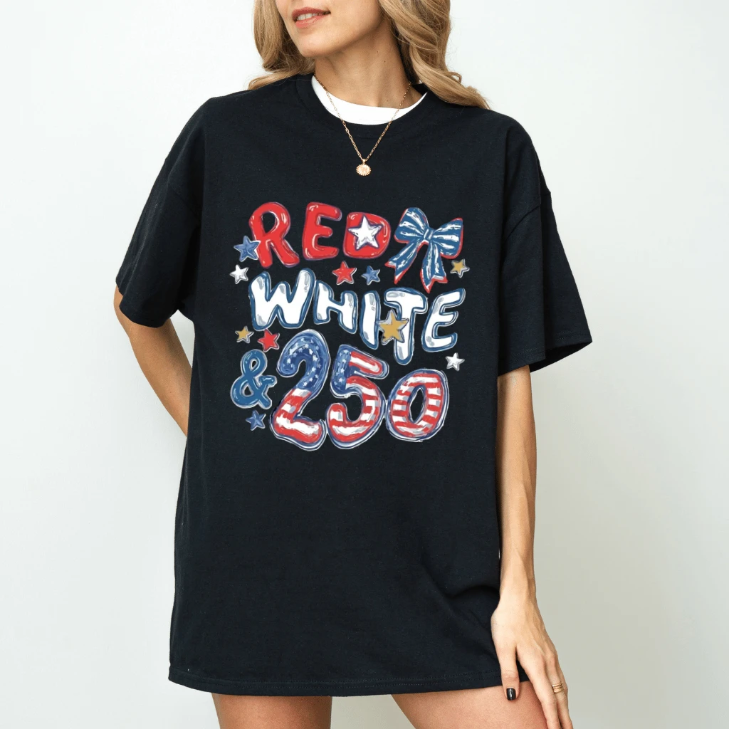 Red White and 250 T-Shirt | 4th of July 2026 America 250th Anniversary Tee | Patriotic Bow Graphic Shirt - back view