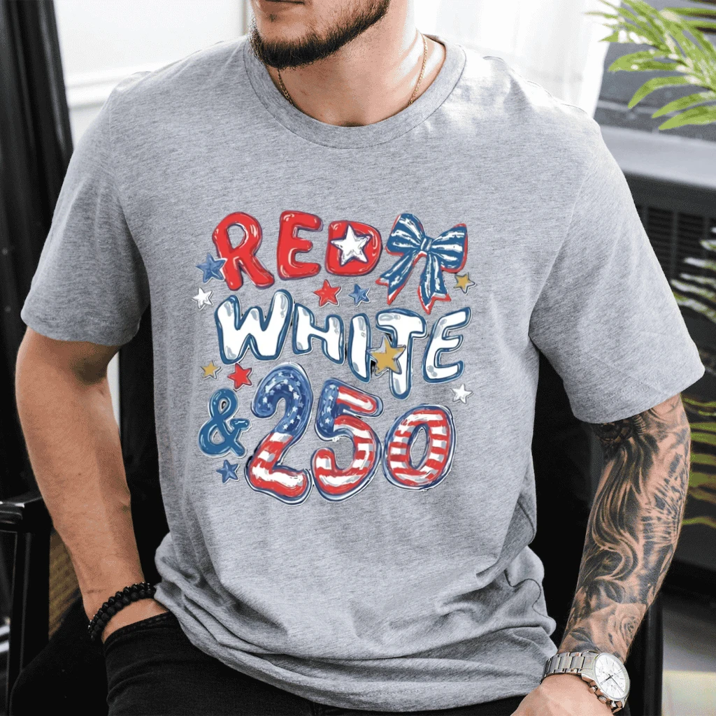 Red White and 250 T-Shirt | 4th of July 2026 America 250th Anniversary Tee | Patriotic Bow Graphic Shirt - detail view