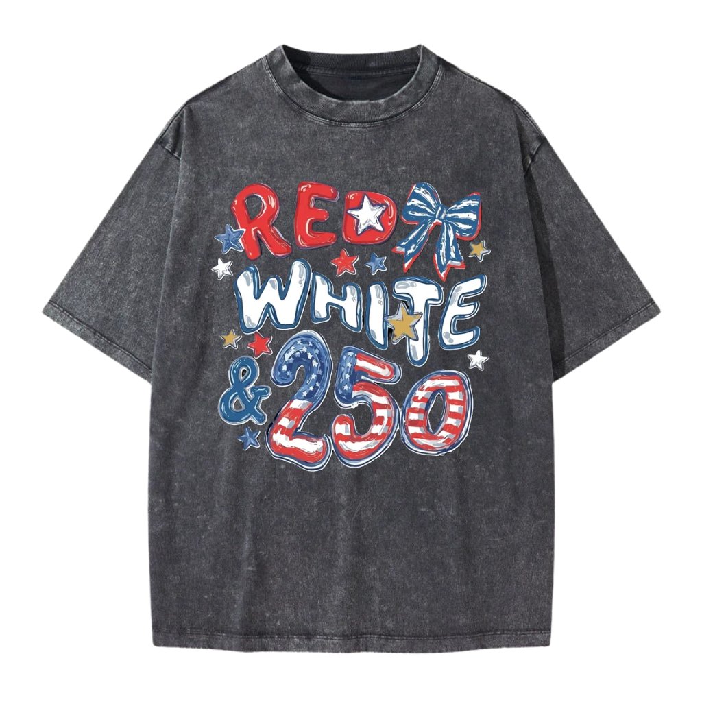 Vintage Washed Red White and 250 Tee | Distressed Charcoal Patriotic Bow Shirt | Aesthetic US250 Comfort Tee - front view