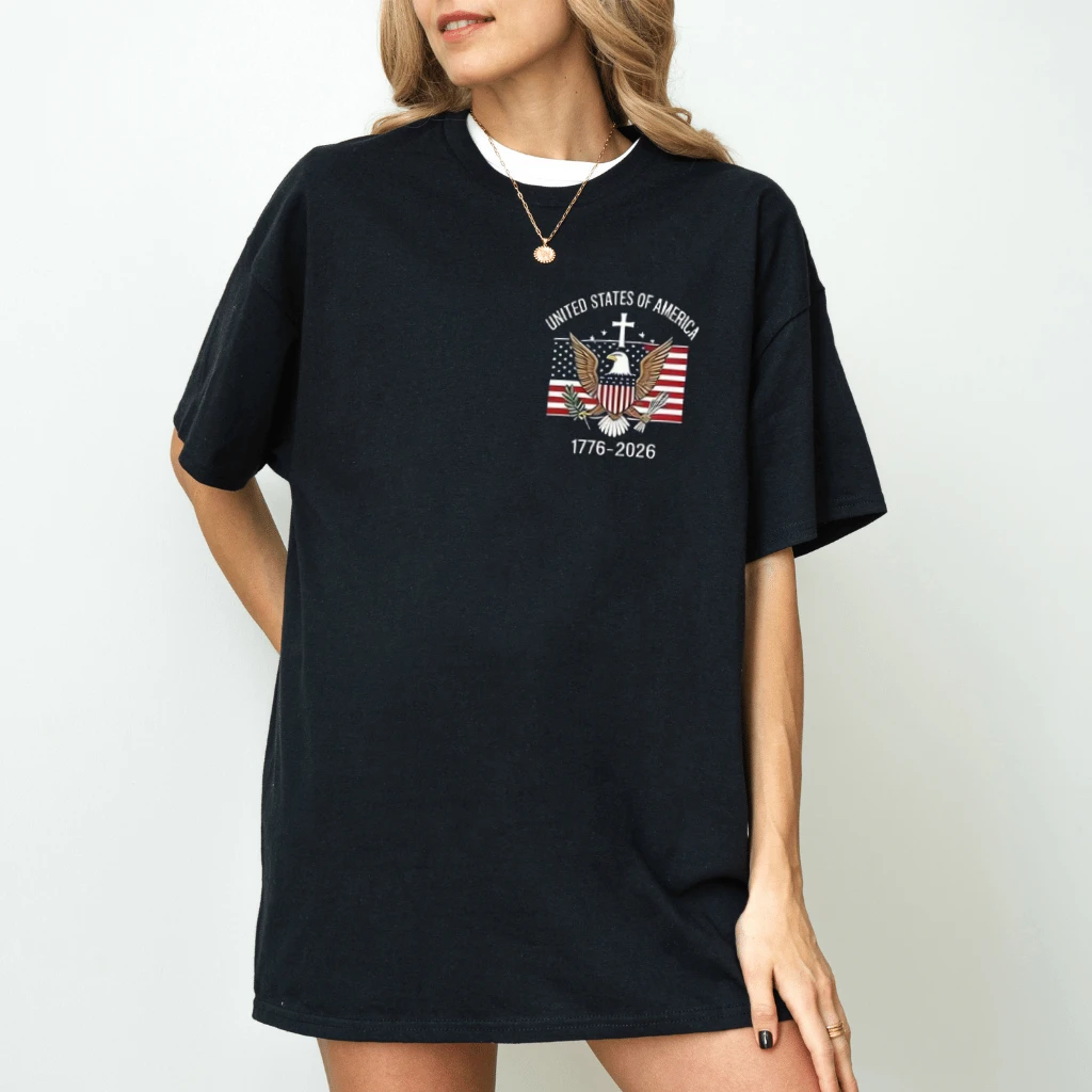 Vintage United States 250th Anniversary T-Shirt | Christian Patriotic American Flag Cross Tee | 1776-2026 America Pride Shirt - back view