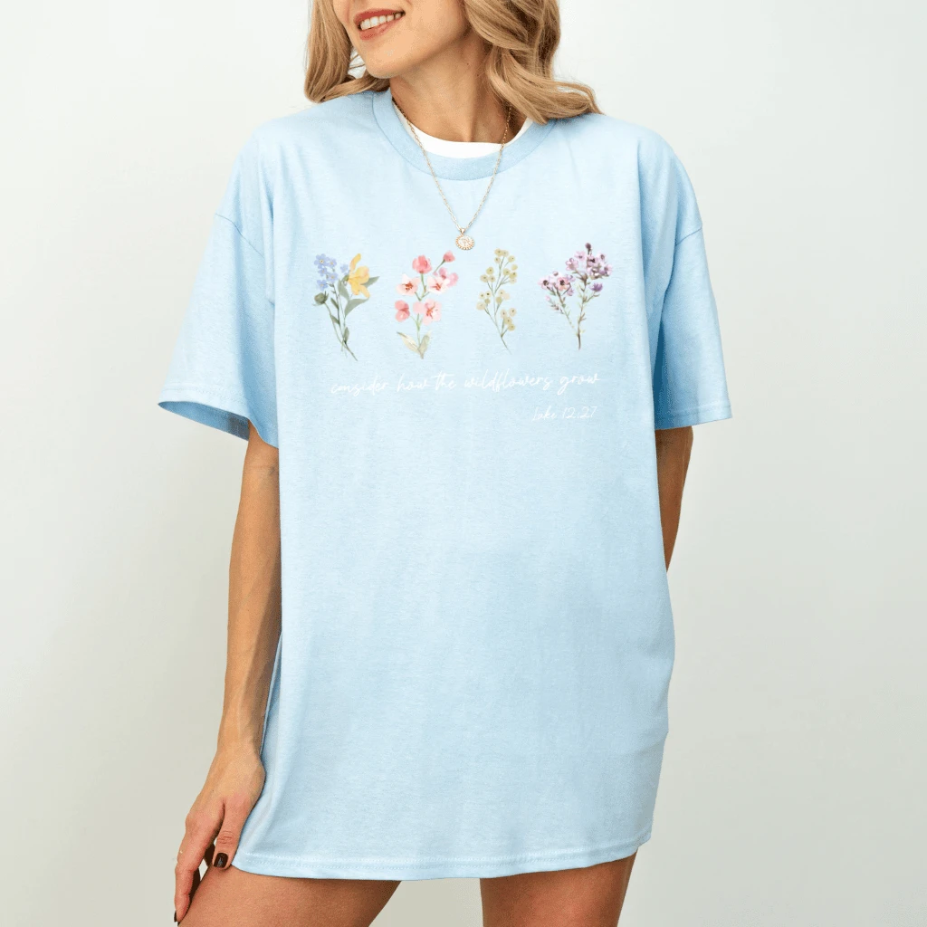 Consider How The Wildflowers Grow Christian Floral T-Shirt - detail view