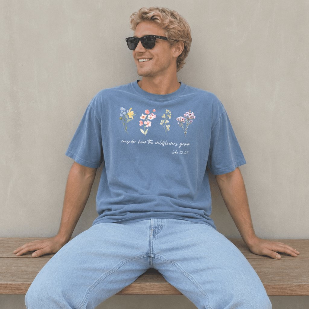Consider How The Wildflowers Grow Comfort Colors Faith Tee - detail view