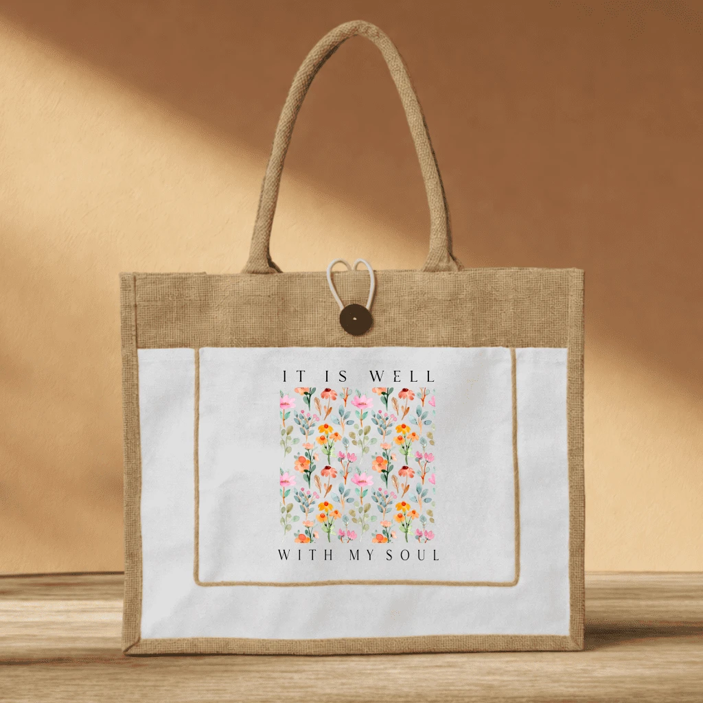 Watercolor Floral Pattern Jute Tote Bag Botanical Style - front view