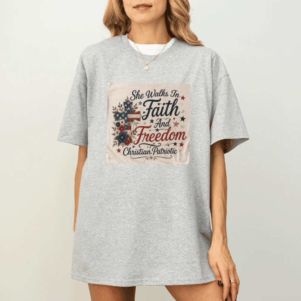 She Walks In Faith And Freedom Christian Patriotic T-Shirt - back view