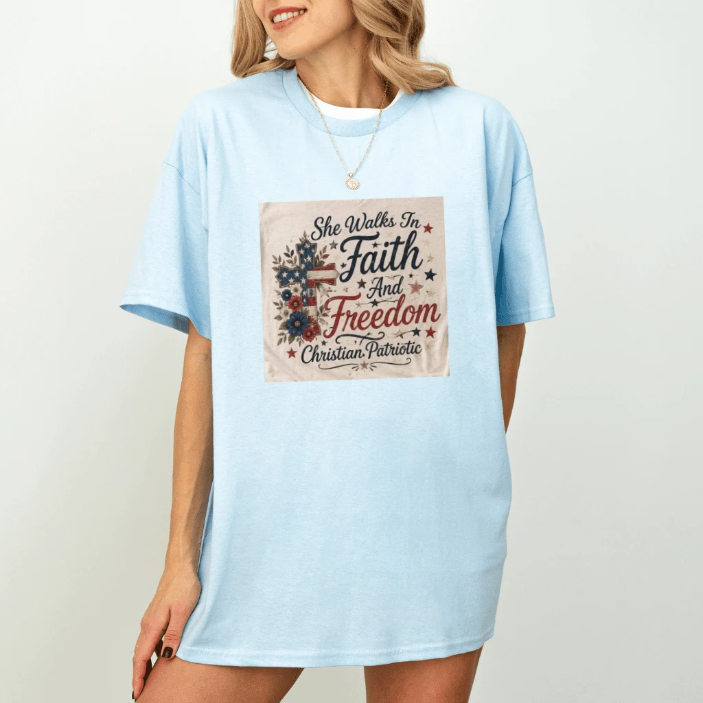 She Walks In Faith And Freedom Christian Patriotic T-Shirt - detail view