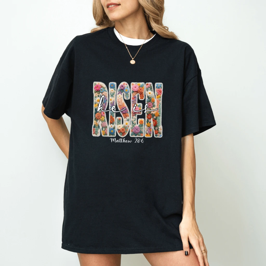 He Is Risen Matthew 28 6 Easter Floral Embroidery Tshirt - back view