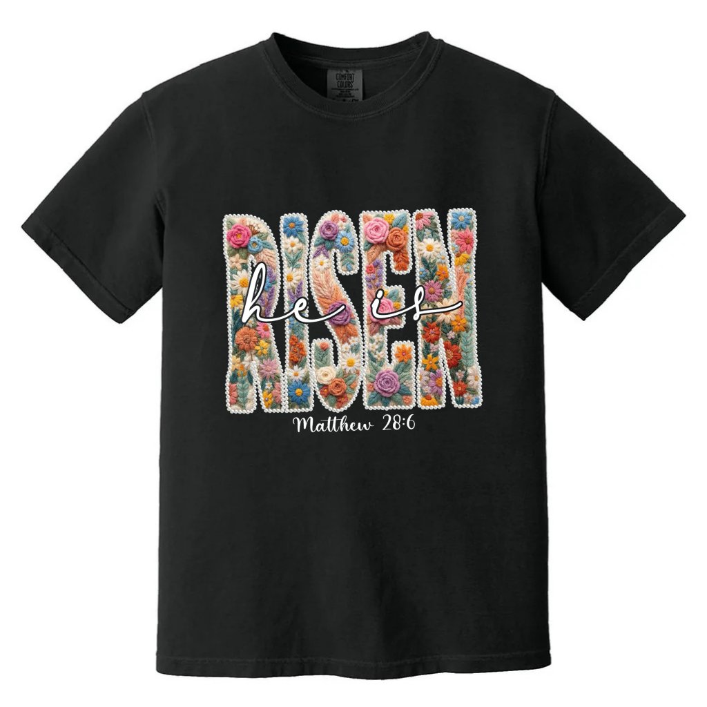Comfort Colors He Is Risen Easter Cross Floral Pearl Tee - front view