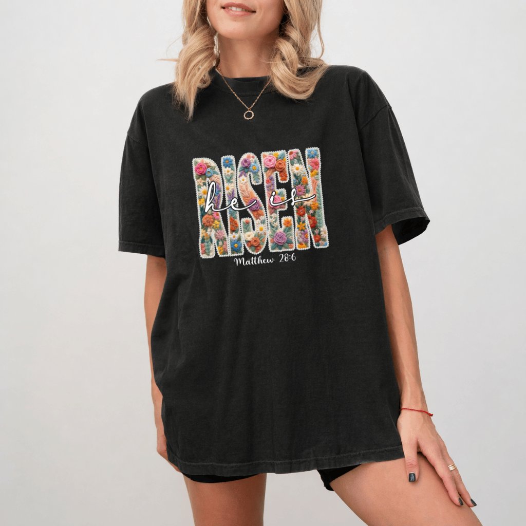 Comfort Colors He Is Risen Easter Cross Floral Pearl Tee - back view