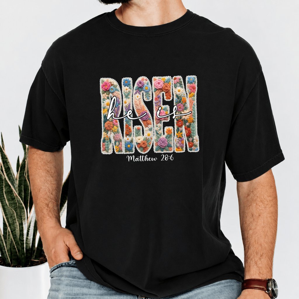 Comfort Colors He Is Risen Easter Cross Floral Pearl Tee - detail view