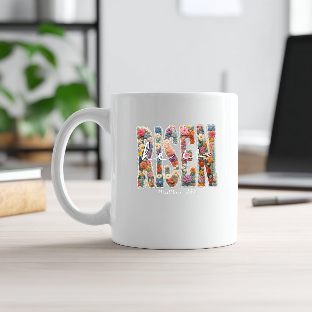 He Is Risen Matthew 28 6 Easter Floral Pearl Coffee Mug - front view
