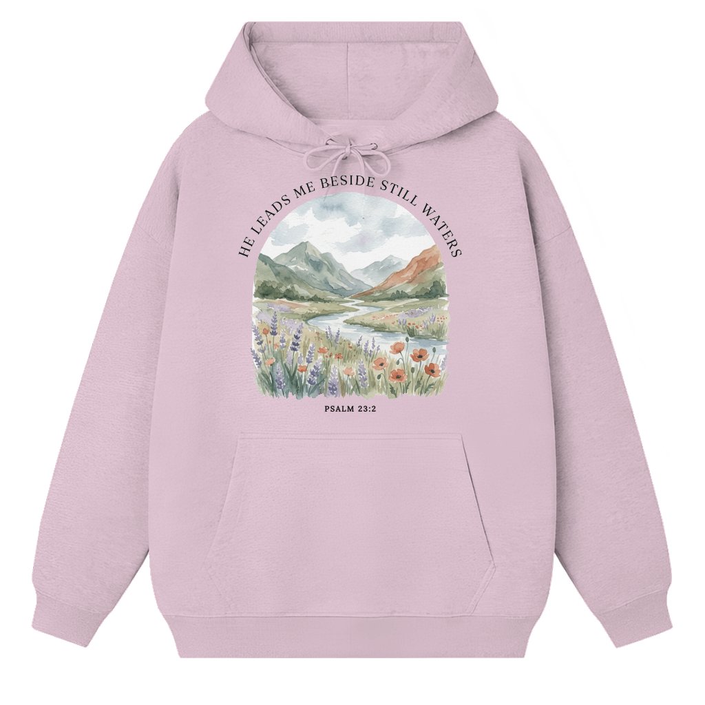 Christian Floral Psalm 23:2 Hoodie – Religious Gift for Mom He Leads Me Beside Still Waters Faith Wildflower Scripture - front view
