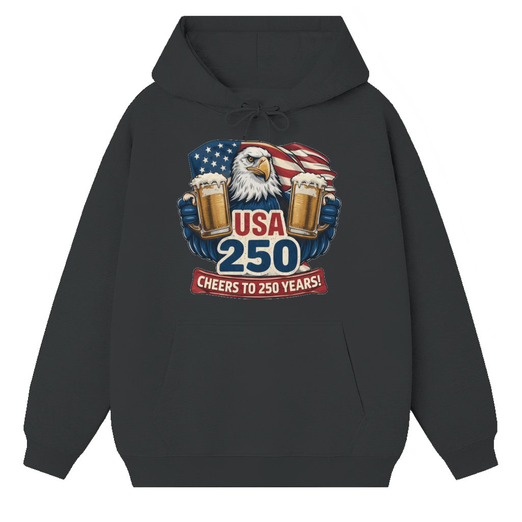 USA 250 Cheers Eagle Hoodie – 4th of July Patriotic Beer Gift for Men - front view
