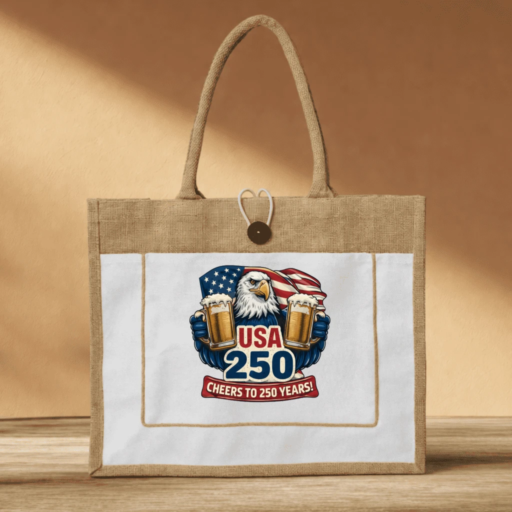 USA 250 Cheers Eagle Jute tote bag – 4th of July Patriotic Gift for Beer Lover - front view