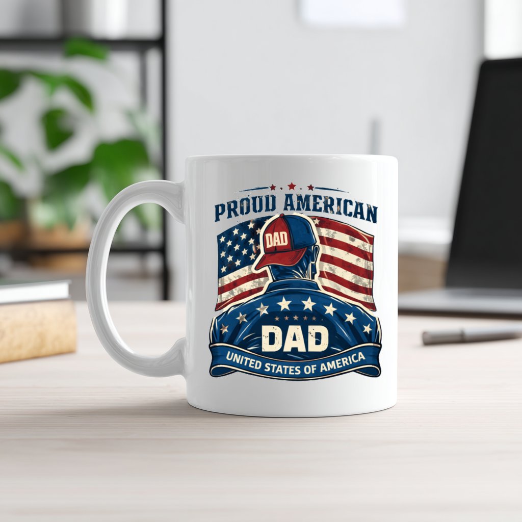 Proud American Dad White Mug – Father's Day Gift for Dad Patriotic USA Flag Red White Blue Vintage - front view