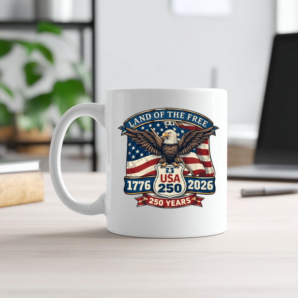 USA 250 Eagle Freedom White Mug – 1776-2026 Anniversary Patriotic Vintage Gift - front view