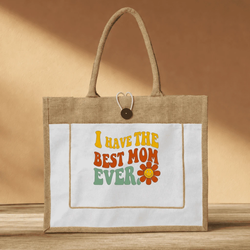 Best Mom Ever Graphic Jute Tote Bag – First Mother’s Day Gift for New Mom - front view